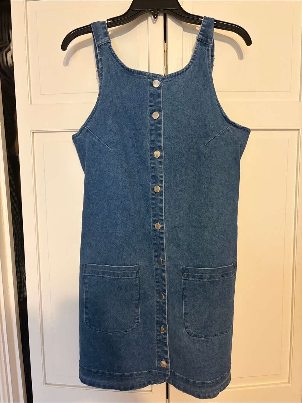 Denim Button-Front Pinafore Dress in Classic Blue